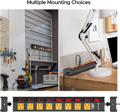 CRST 8 Outlet Metal Surge Protector Power Strip with Individual Switches, 15A Circuit Breaker 1200 Joules Protection 6FT Extension Cord and Mountable Kits Included-2