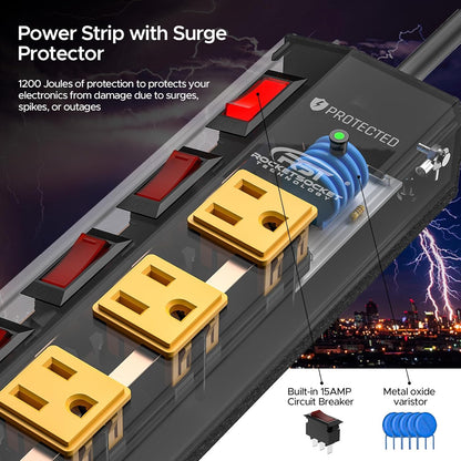 CRST 8 Outlet Metal Surge Protector Power Strip with Individual Switches, 15A Circuit Breaker 1200 Joules Protection 6FT Extension Cord and Mountable Kits Included-3