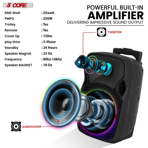 5Core 8 Inch PA Portable Bluetooth Party Speaker Karaoke Boombox + 2