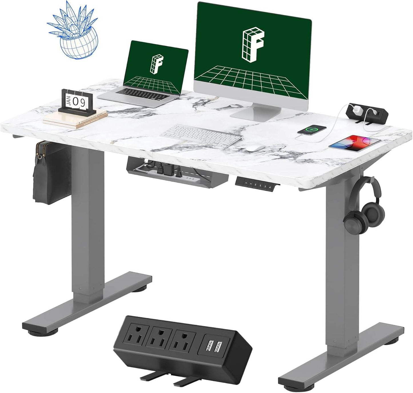 EN2 Height Adjustable Electric Standing Desk - 48"x30" with Clamp Power Strip & Cable Management (Gray Frame + Mahogany Top)