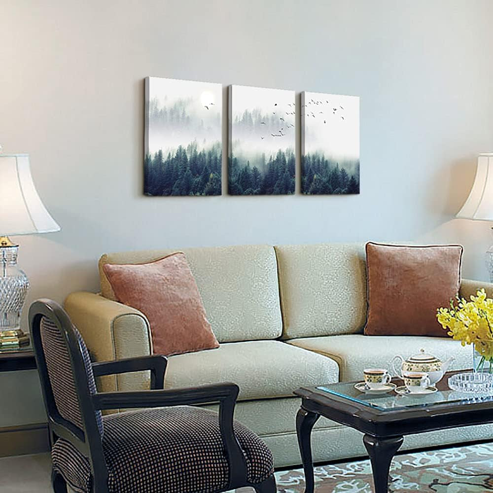 Enchanting Foggy Forest 3-Piece Canvas Wall Art Set - Stretched & Framed Landscape Decor for Living Room, Bedroom, or Office - Ready to Hang 12"x16" Panels