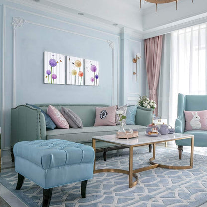 Stunning Dandelion & Butterfly Purple Flowers Canvas Wall Art - 3 Panel Set for Elegant Home Décor, 12x16 Inch Each, Perfect for Living Room and Bedroom