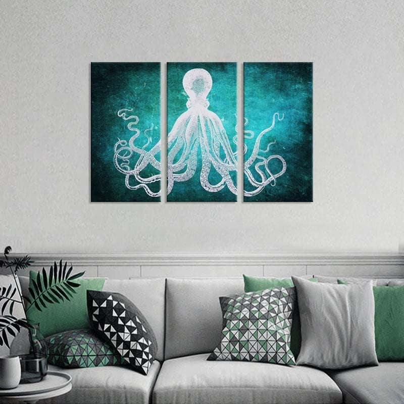 Stunning  Modern Octopus Canvas Art - Large 3-Panel Framed Wall Décor (8x16 Inches Each) Ready to Hang