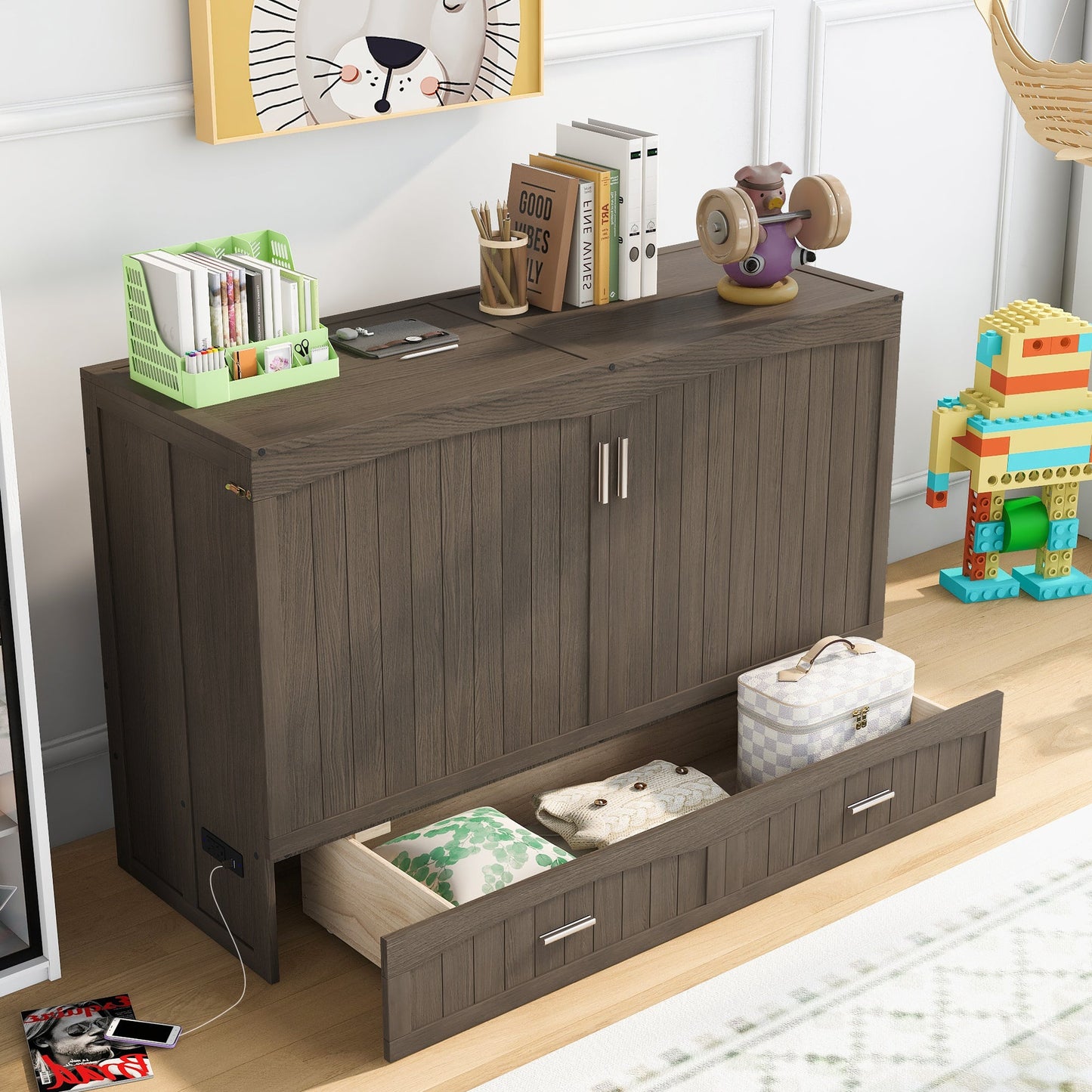 Queen Size Murphy Bed with Built-In Charging Station  Antique Grey