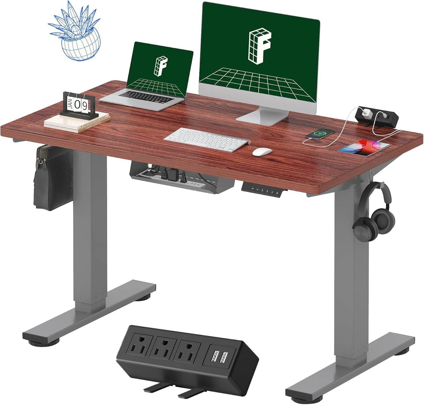 EN2 Height Adjustable Electric Standing Desk - 48"x30" with Clamp Power Strip & Cable Management (Gray Frame + Mahogany Top)