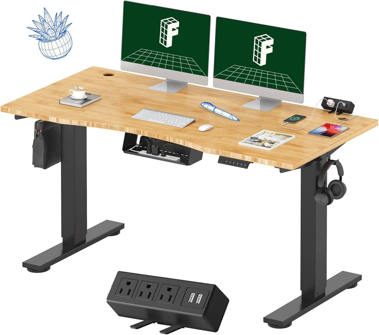 EN2 Height Adjustable Electric Standing Desk - 48"x30" with Clamp Power Strip & Cable Management (Gray Frame + Mahogany Top)