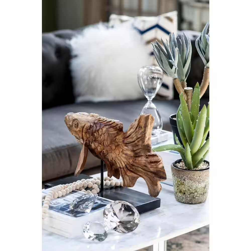 Brown Dragon Koi Teak Wood Sculpture