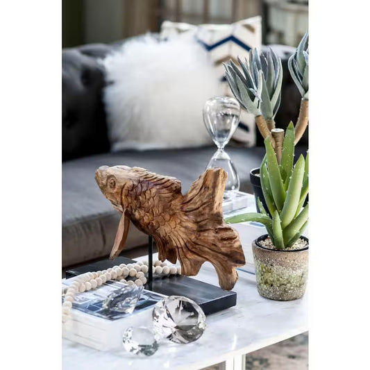 Brown Dragon Koi Teak Wood Sculpture