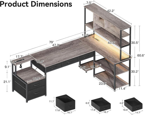 79 Inch L Shaped Desk with File Drawers, Reversible L Shaped Gaming