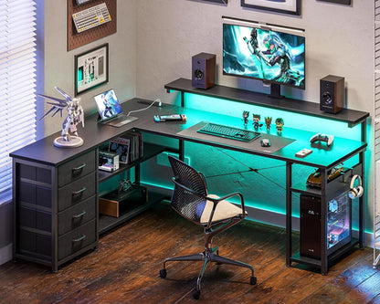 61" L Shaped Desk with Drawer, Computer Desk with Power Outlets & LED