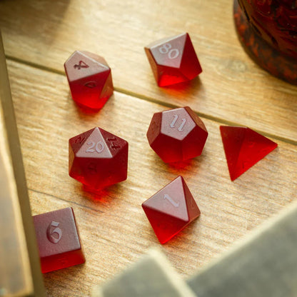 Blood Red Raised Zircon Glass Hand Carved DND Dice Set