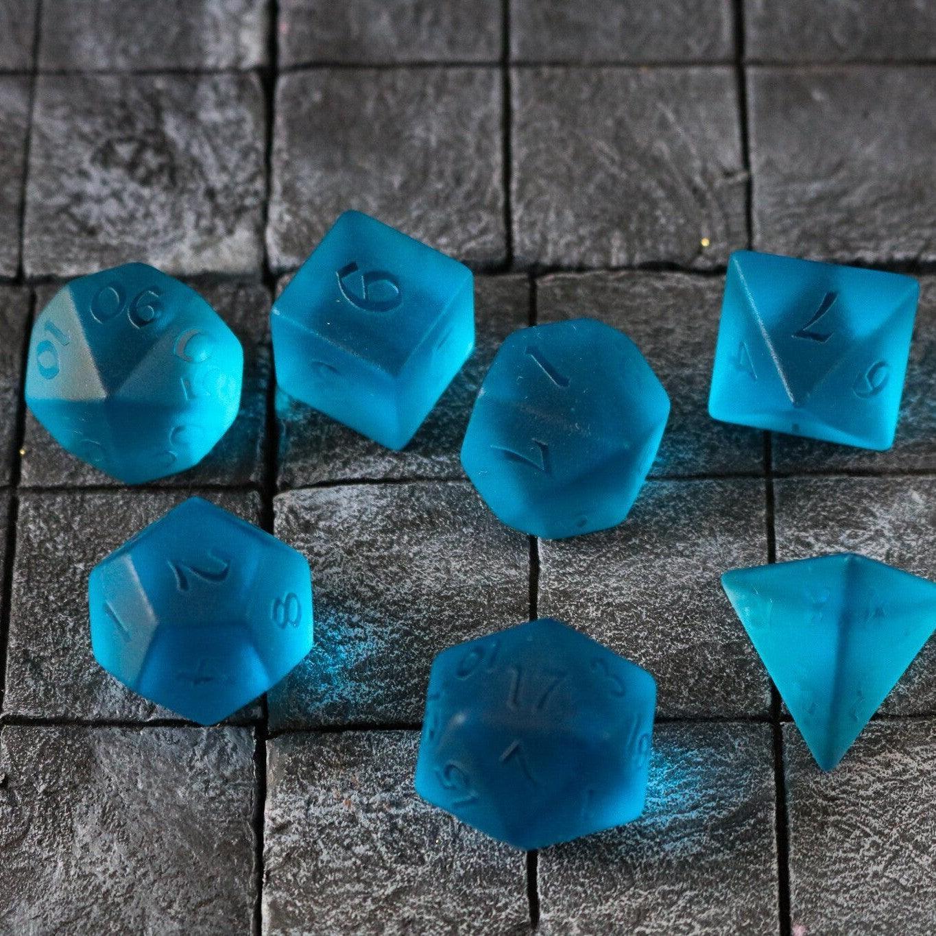Blue Zircon Hand Carved Glass DND Dice Set