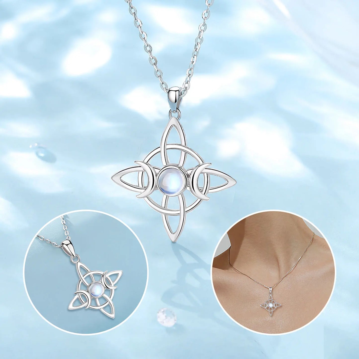 Moonstone Triple Moon Knot Sterling Silver Necklace