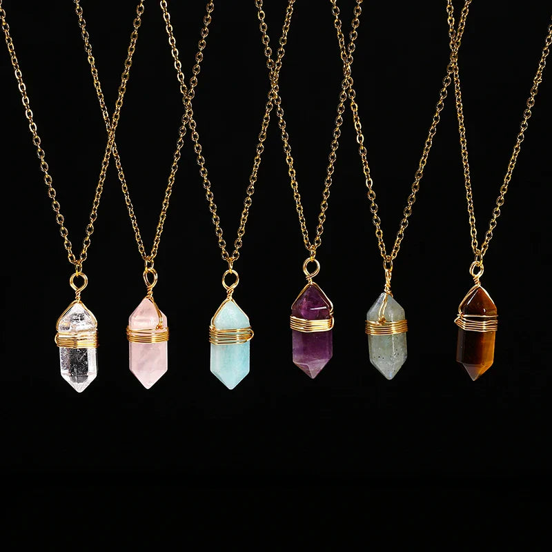 Crystal Hexagon Wire Wrap Gold Necklaces