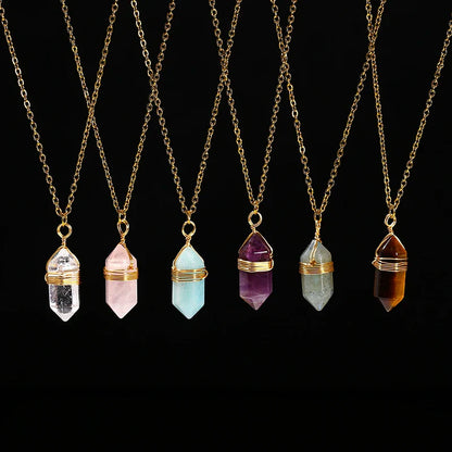 Crystal Hexagon Wire Wrap Gold Necklaces