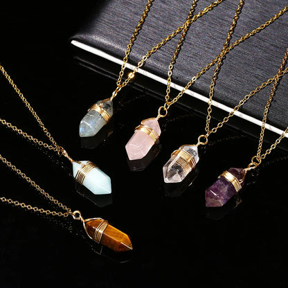 Crystal Hexagon Wire Wrap Gold Necklaces