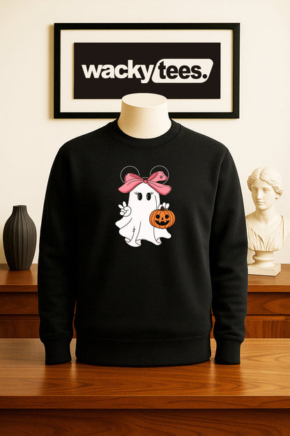 Cute Halloween Female Ghost with Pumpkin Trick Or Treating Graphic Tee Shirt