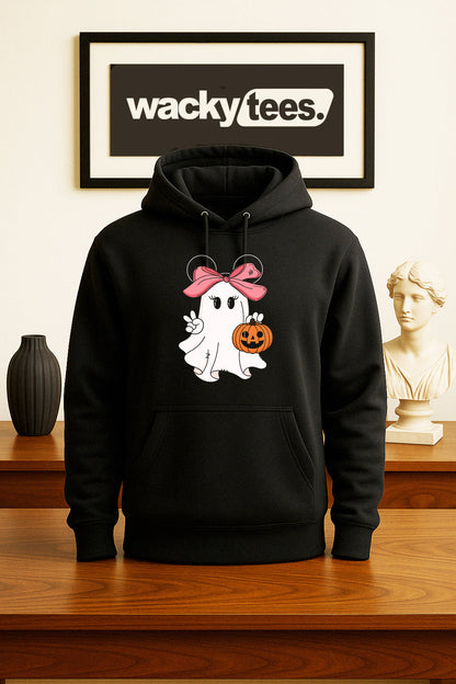 Cute Halloween Female Ghost with Pumpkin Trick Or Treating Graphic Tee Shirt