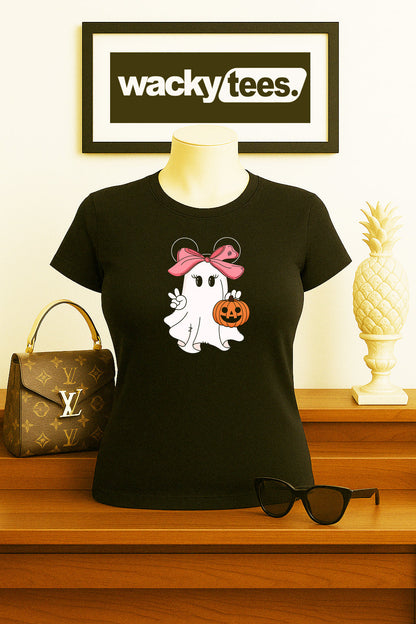 Cute Halloween Female Ghost with Pumpkin Trick Or Treating Graphic Tee Shirt