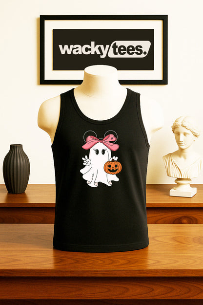 Cute Halloween Female Ghost with Pumpkin Trick Or Treating Graphic Tee Shirt