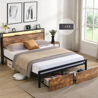 Full-Size LED Bed with Charging Hub and Drawers