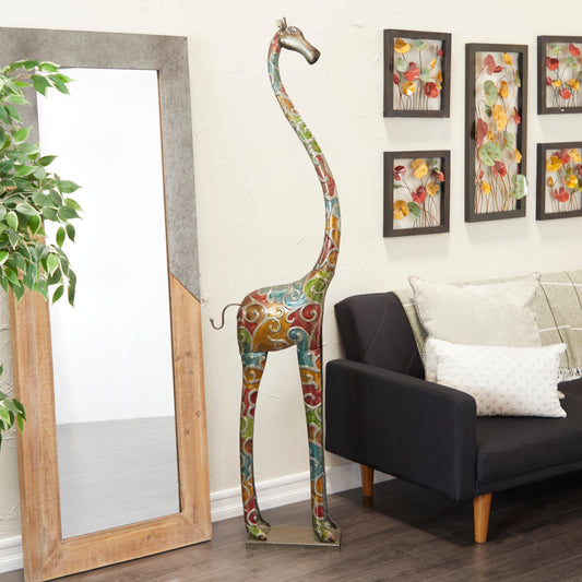 Extra Large and Colorful Floor Giraffe Sculpture, Molded from Iron with Grey Metal Finish, 17"W X 3"L X 73"H
