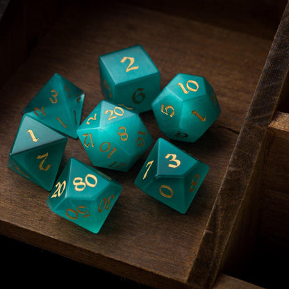 Gemstone Aquamarine Cats Eye Stone Hand Carved DND Dice Set