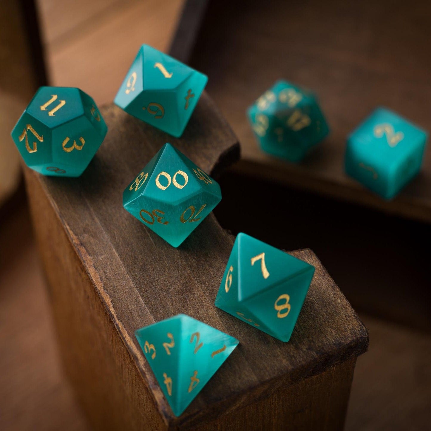 Gemstone Aquamarine Cats Eye Stone Hand Carved DND Dice Set