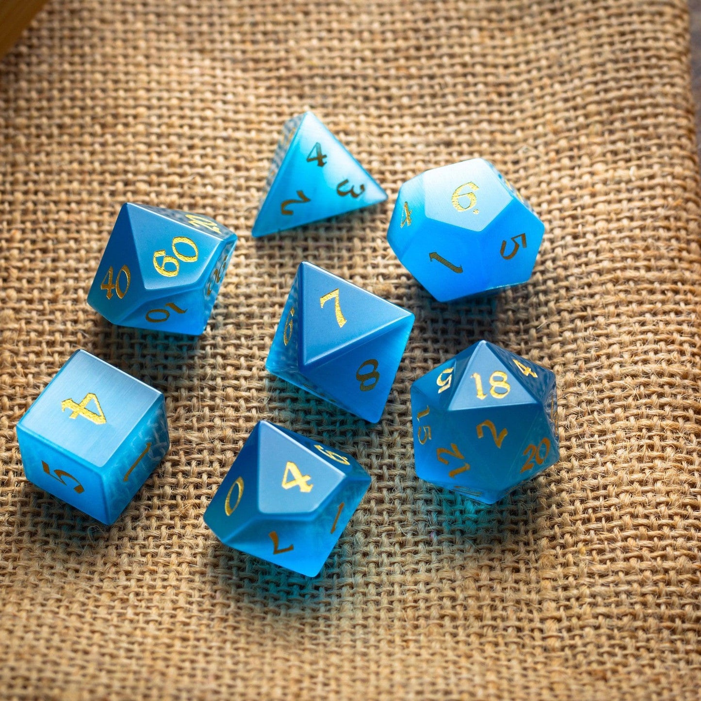 Gemstone Light Blue Cats Eye Stone Hand Carved DND Dice Set
