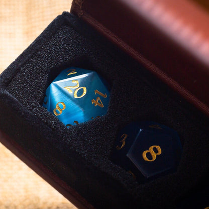 Gemstone Light Blue Cats Eye Stone Hand Carved DND Dice Set