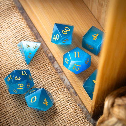 Gemstone Light Blue Cats Eye Stone Hand Carved DND Dice Set