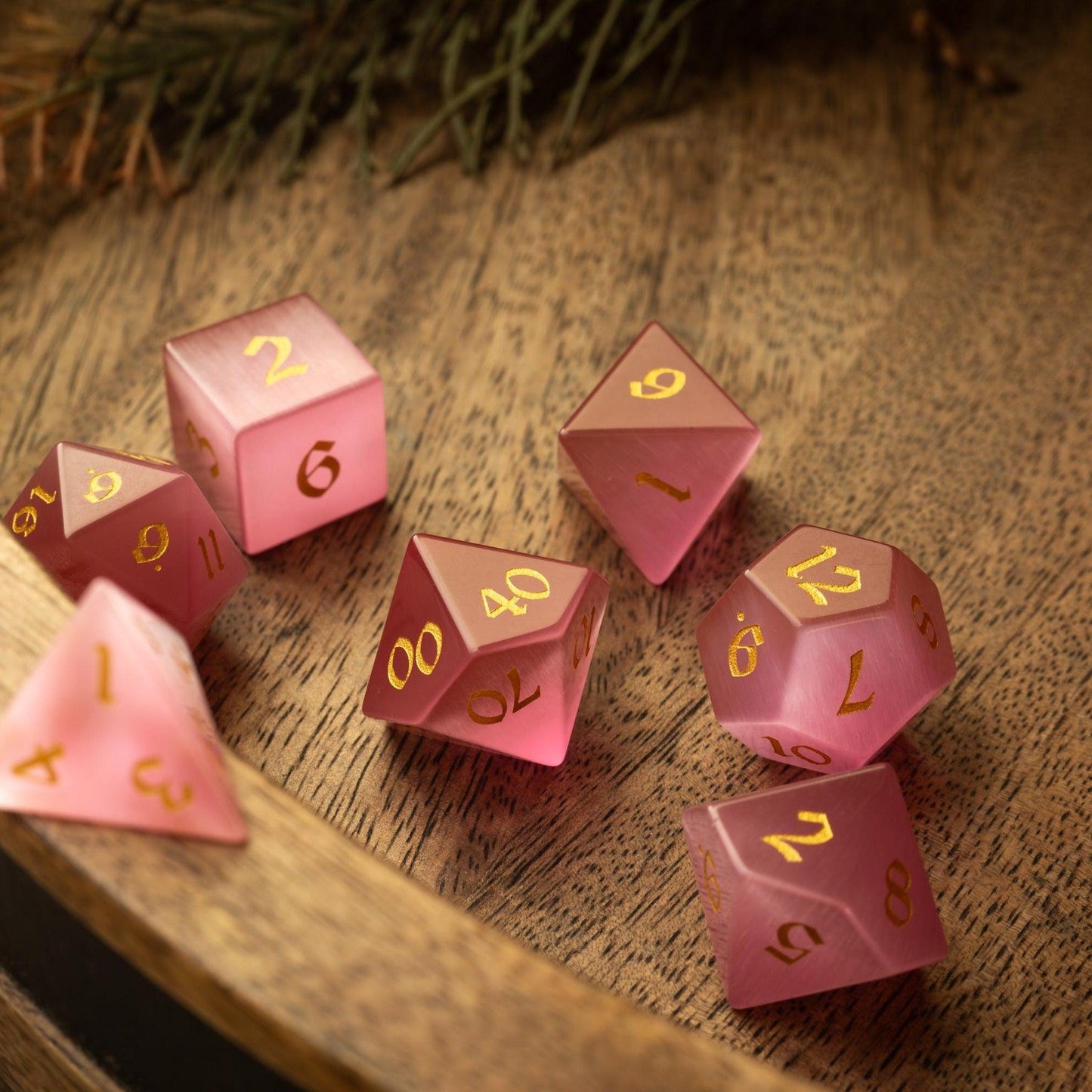 Gemstone Pink Watermelon Cats Eye Stone Hand Carved DND Dice Set