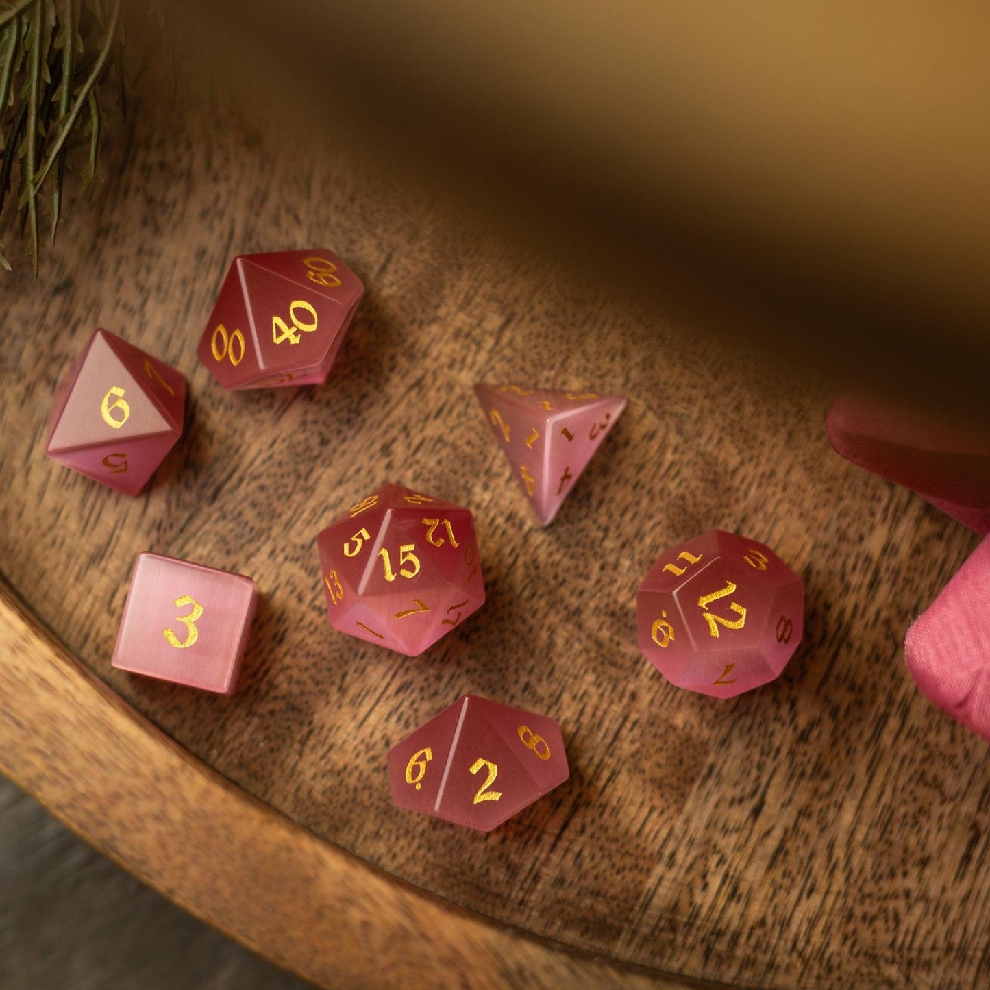 Gemstone Pink Watermelon Cats Eye Stone Hand Carved DND Dice Set