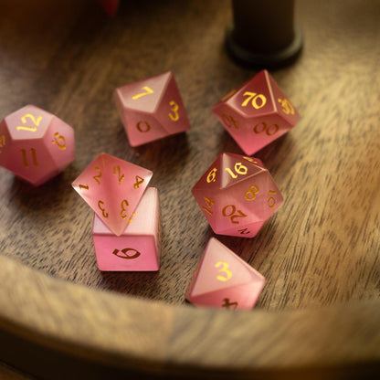 Gemstone Pink Watermelon Cats Eye Stone Hand Carved DND Dice Set