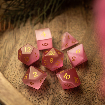Gemstone Pink Watermelon Cats Eye Stone Hand Carved DND Dice Set