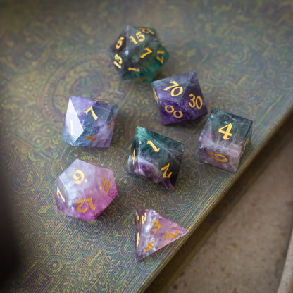 Gemstone Rainbow Fluorite Hand Carved DND Dice Set