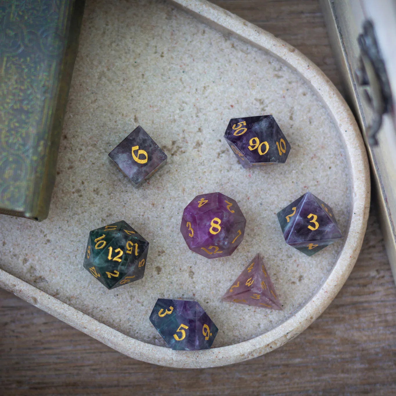 Gemstone Rainbow Fluorite Hand Carved DND Dice Set