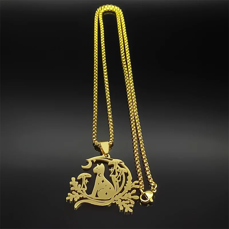 Cat Moon Mushroom Necklace