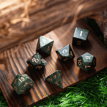 Green Eyed Hand Carved Gemstone DND Dice Set