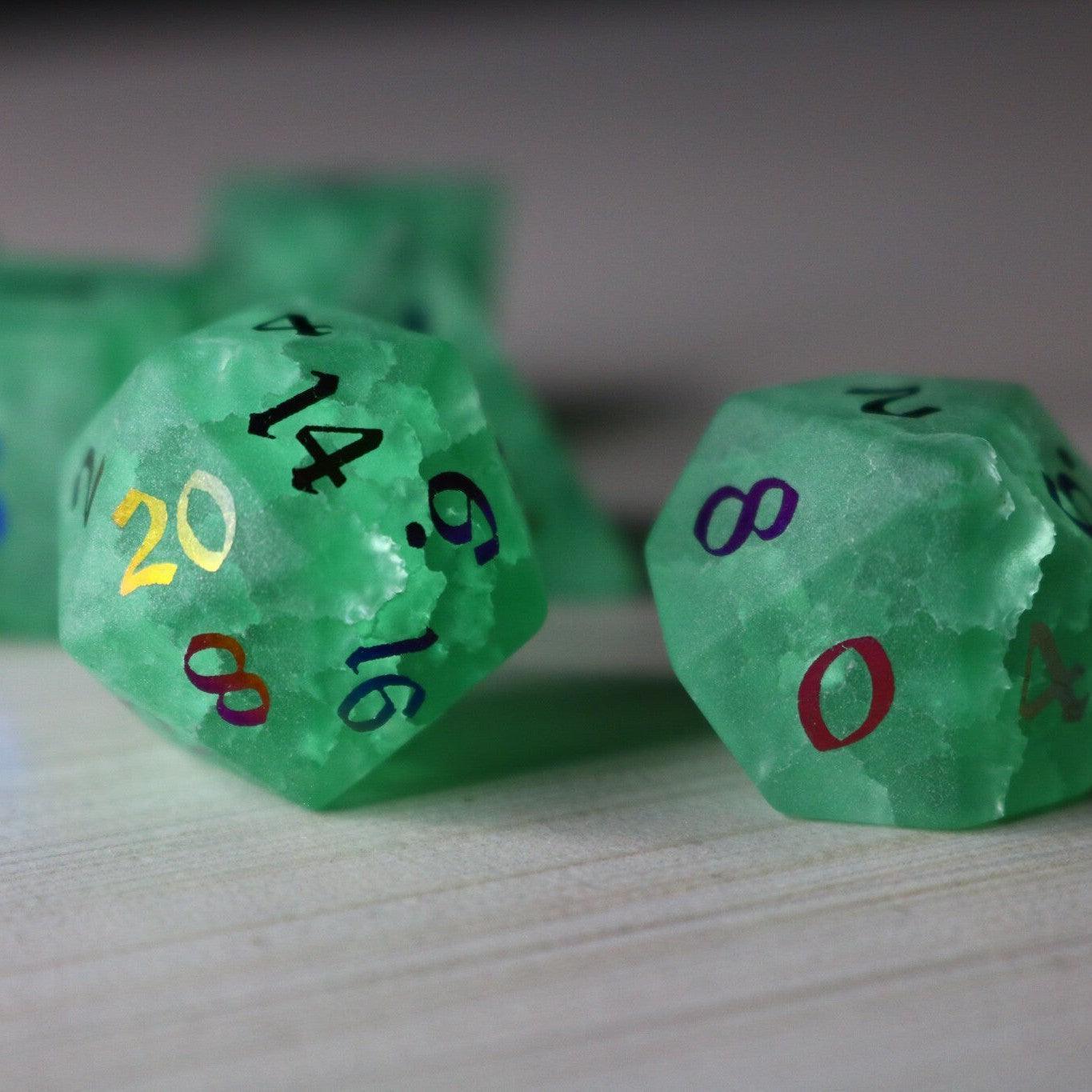 Green Mint Inked Lightning Cracked Glass DND Dice Set