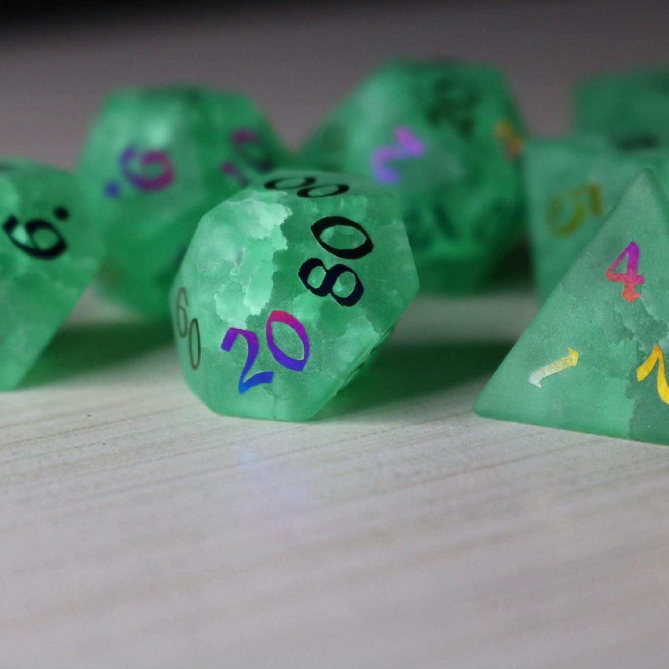 Green Mint Inked Lightning Cracked Glass DND Dice Set