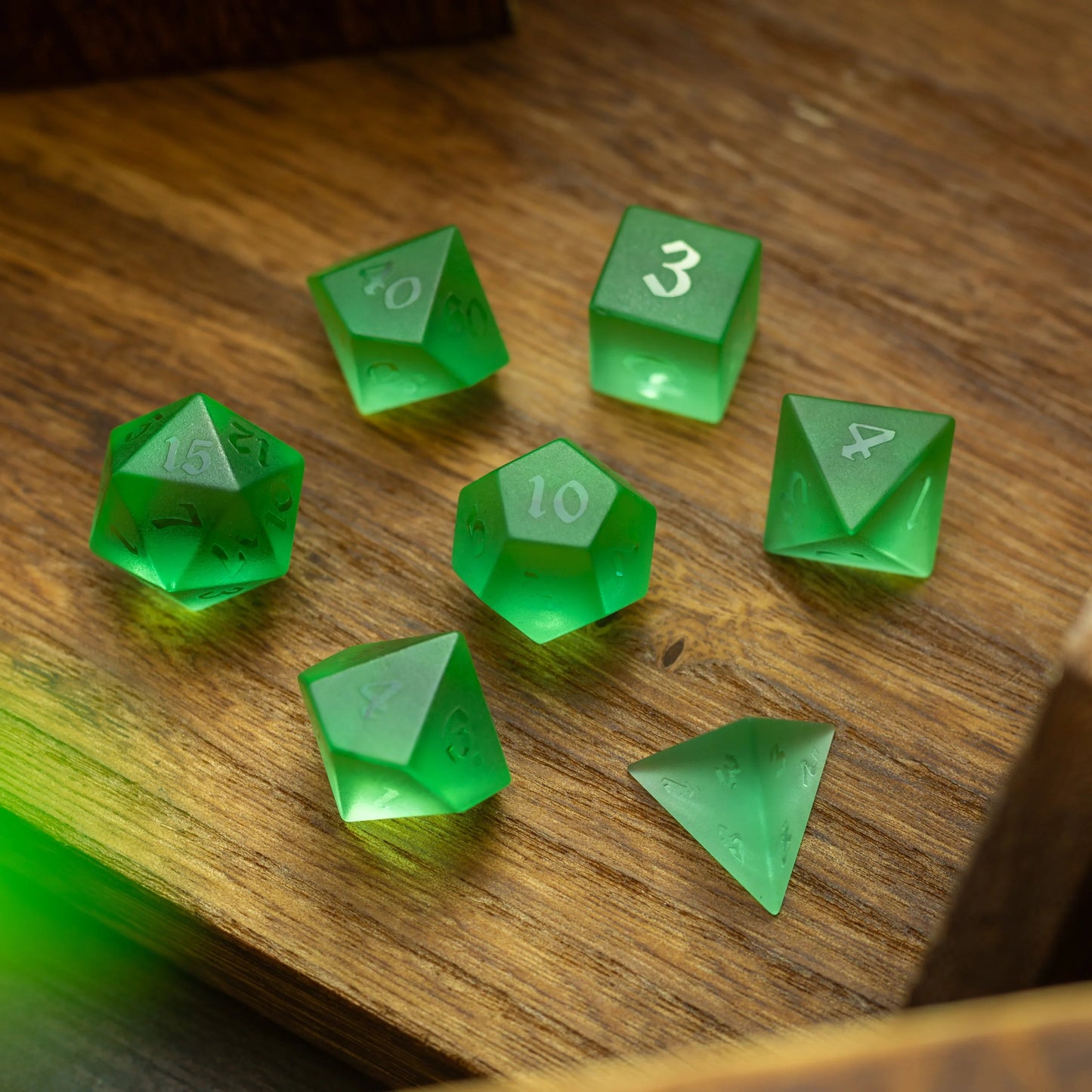 Green Raised Zircon Glass Hand Carved DND Dice Set