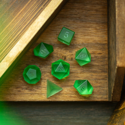Green Raised Zircon Glass Hand Carved DND Dice Set