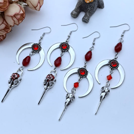 Red Gem Raven Skull Moon Earrings