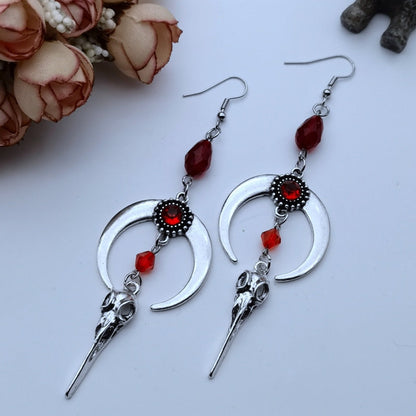 Red Gem Raven Skull Moon Earrings