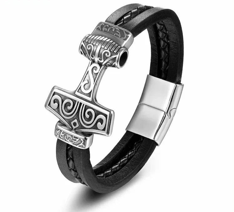 Thors Hammer Men's Leather Bracelet