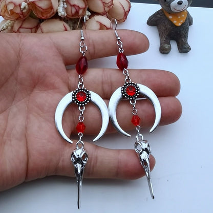 Red Gem Raven Skull Moon Earrings