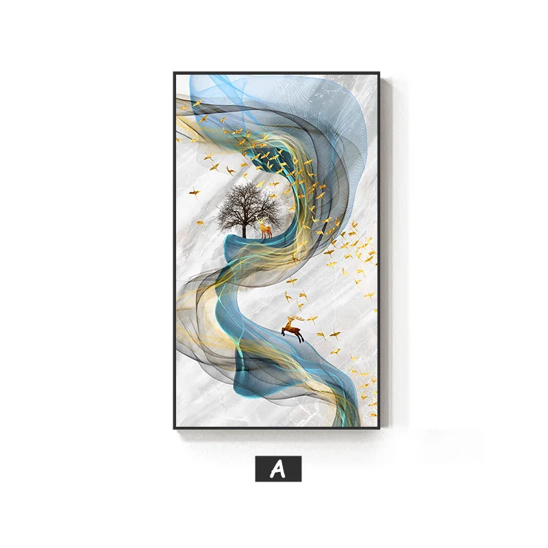 Abstract Golden Deer Paintings Wall Pictures Modern Canvas Painting Blue Poster Print Wall Art For Living Room Bedroom Nordic