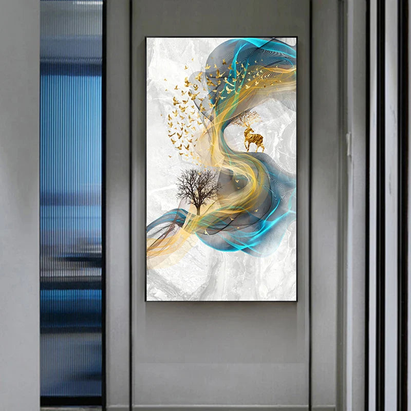Abstract Golden Deer Paintings Wall Pictures Modern Canvas Painting Blue Poster Print Wall Art For Living Room Bedroom Nordic