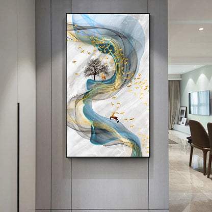 Abstract Golden Deer Paintings Wall Pictures Modern Canvas Painting Blue Poster Print Wall Art For Living Room Bedroom Nordic